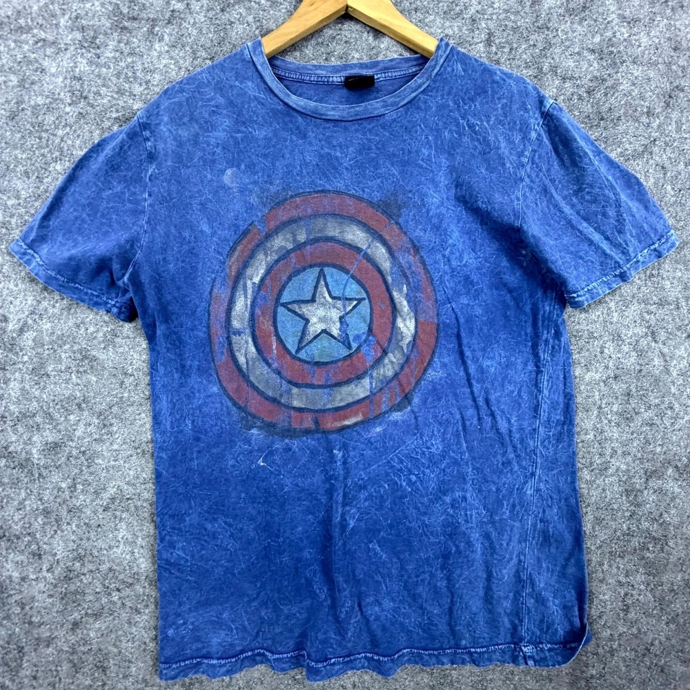 Marvel T-Shirt Mens S Blue Captain America Shield Graphic Distressed Acid Wash